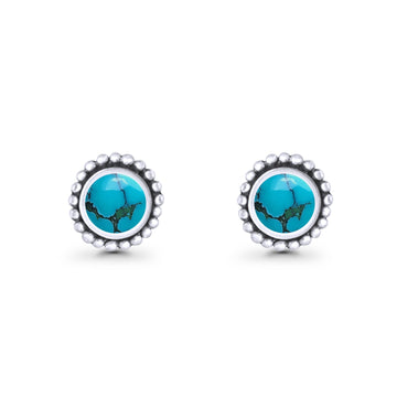 Round Turquoise Beaded Oxidized Stud Earring 925 Sterling Silver Wholesale